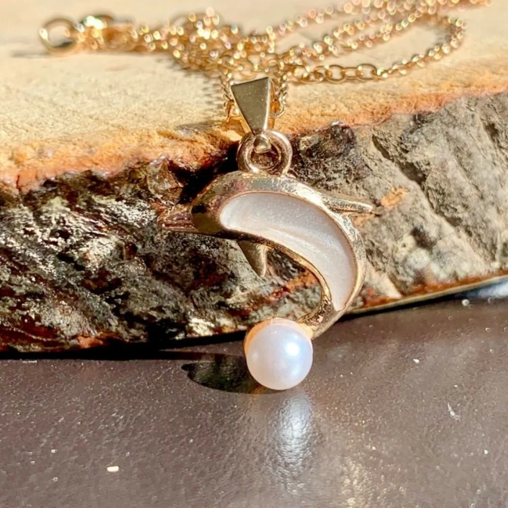 Nautical Coastal Marine Life Dolphin CZ Pearl Bright Shiny Pendant Necklace